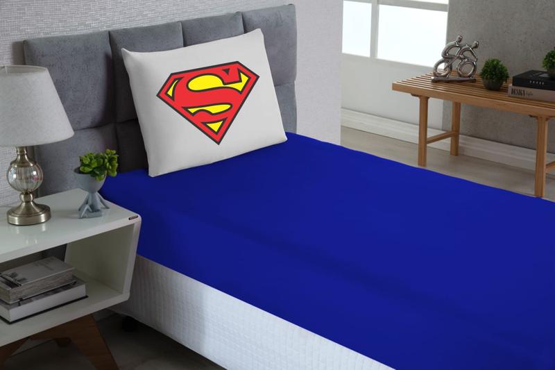 Imagem de jogo de lençol infantil SuperMan Azul Estampado 02 Peças Solteiro