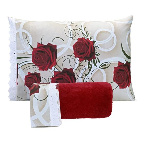 Imagem de Jogo de Lençol Padrão Manta Soft com Elástico 3 Peças- Rosas Vermelho