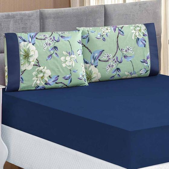 Imagem de Jogo de Lençol Real Casal Padrão 3 Peças MicroPercal 200 Fios Ponto Palito Estampado - Azul Flower - 100% Poliéster
