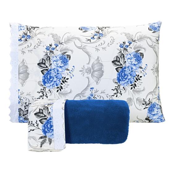 Imagem de Jogo De Lençol Solteiro Manta Soft Com Elástico 2 Peças - Flores Azul Escuro