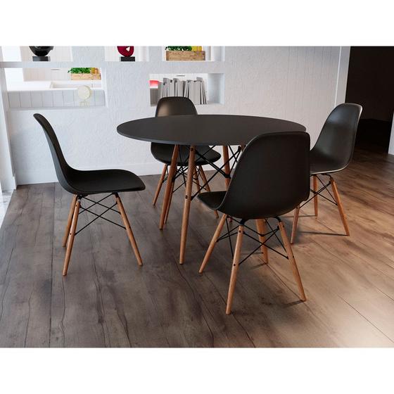 Imagem de Jogo de Mesa 4 Cadeiras Pretas Eames Dkr 90 Cm Base Madeira Tampo Preto