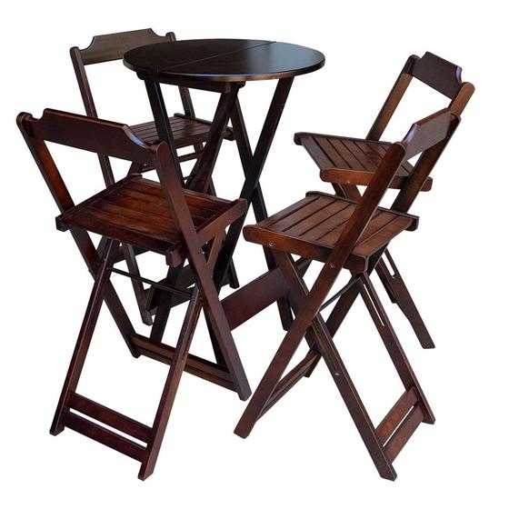 Jogo de Mesa Bistrô Dobrável em Madeira Maciça com 4 Banquetas Altas - Imbuia Menor preço em Jogo de Mesa Bistrô Dobrável em Madeira Maciça com 4 Banquetas Altas - Imbuia
