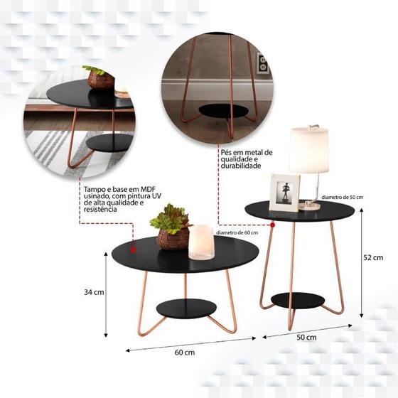 Imagem de Jogo de Mesa Centro e Apoio LI Com Pés Metálicos Bordas Usinadas e Grande Estabilidade Cor Preto