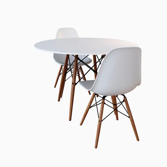 Imagem de Jogo de Mesa de Jantar Eames Eiffel Redonda 80cm Tampo de Madeira Branco com 2 Cadeiras Branca