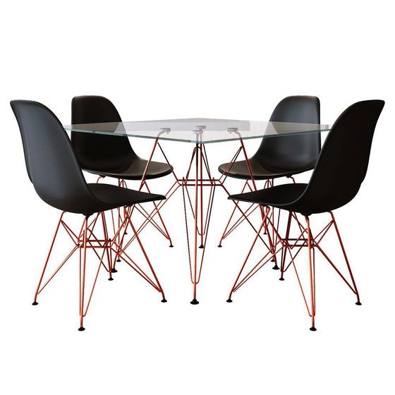 Imagem de Jogo de mesa eames de ferro cobre E tampo quadrado vidro 90cm 4 cadeiras pretas