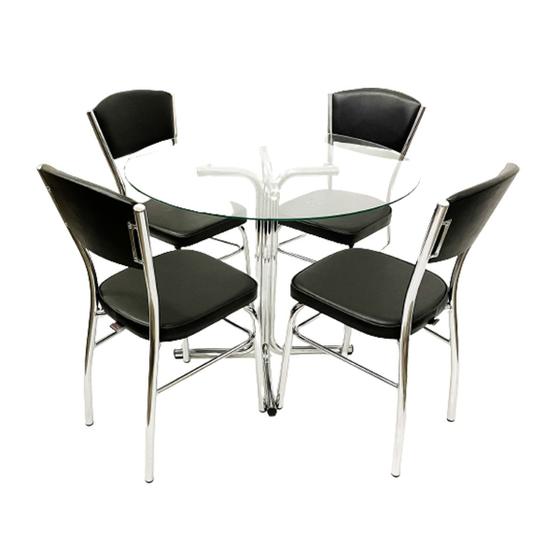 Imagem de Jogo de Mesa Eloá com vidro redondo + 4 Cadeiras com reforço cromadas assento confortável grosso e encosto estofado cor preto