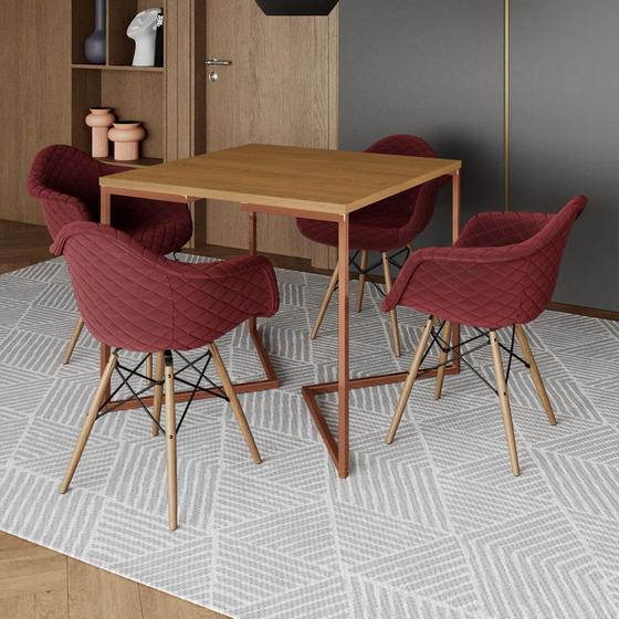 Imagem de Jogo de Mesa Industrial Base Cobre Tampo Quadrado 90cm Canela com 4 Poltronas Estofadas Vermelho