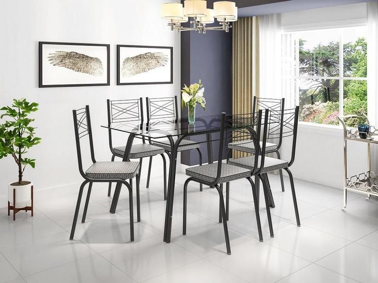 Imagem de Jogo de Mesa Lótus 1,40 x 80 cm Tampo de Vidro Incolor 6 Cadeiras 119 Platina - Artefamol
