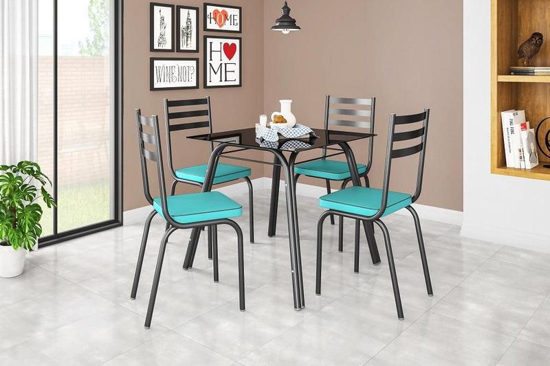 Imagem de Jogo de Mesa Lótus 75 x 75 Tampo de Vidro Preto e 4 Cadeiras 118 Azul Turquesa - Artefamol