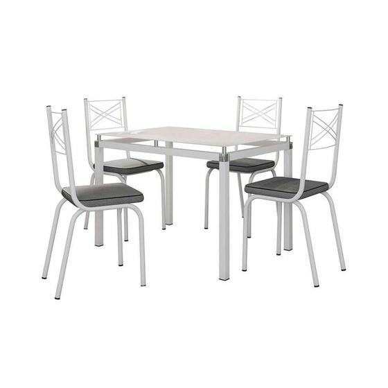 Imagem de Jogo de Mesa Malva 107x70cm Tampo Vidro Branco Com 4 Cadeiras 119 Assento Branco Platina Artefamol