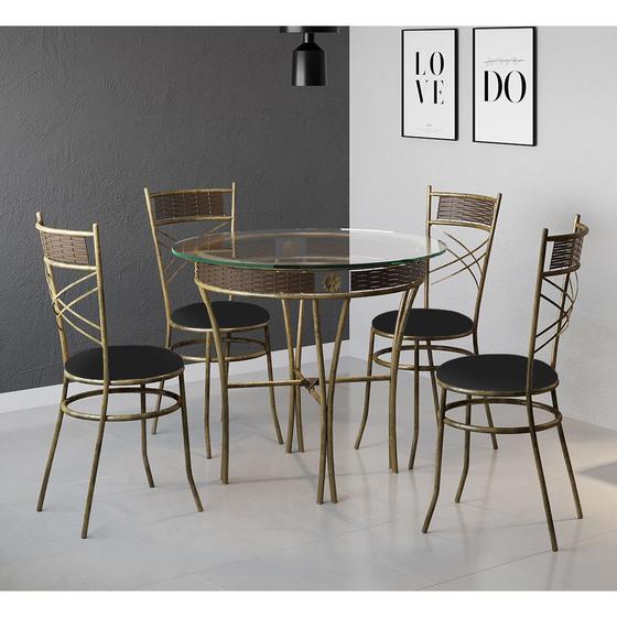 Imagem de Jogo de Mesa Redonda Madrid Tampo de Vidro 90cm com 4 Cadeiras Estofadas Preta - em Aço Ouro