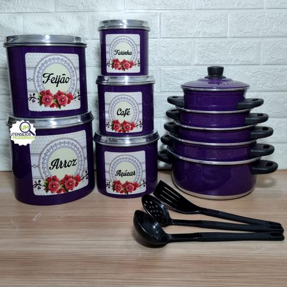 Imagem de Jogo de Panela 5 Pçs Roxo   Kit Mantimentos Alumínio 5 Pçs Flor 2 Roxo   Espátulas