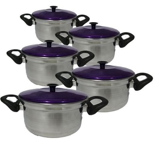 Jogo de panelas alumínio polido tampa cor roxa - Casa útil - Jogo de ...