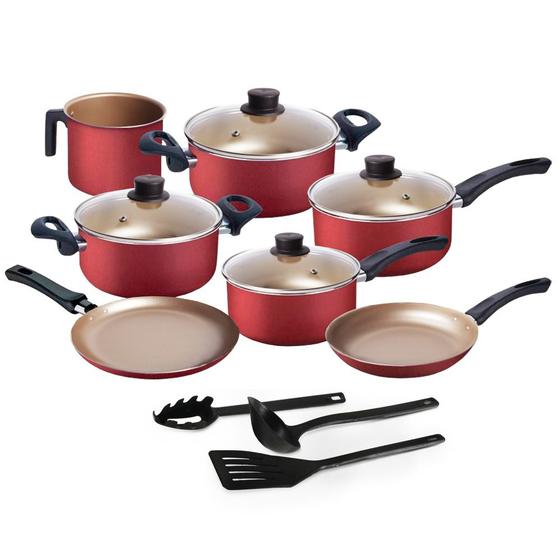 Jogo de Panelas Antiaderente 10 Peças Cereja com Utensílios e Tampa de Vidro Menor preço em Jogo de Panelas Antiaderente 10 Peças Cereja com Utensílios e Tampa de Vidro