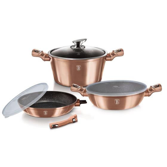 Imagem de Jogo De Panelas Antiaderente 6 Pçs Rose Gold Berlinger Haus Caçarolas Frigideiras Turbo Indução Tampa de Vidro Silicone Cozinha Presente