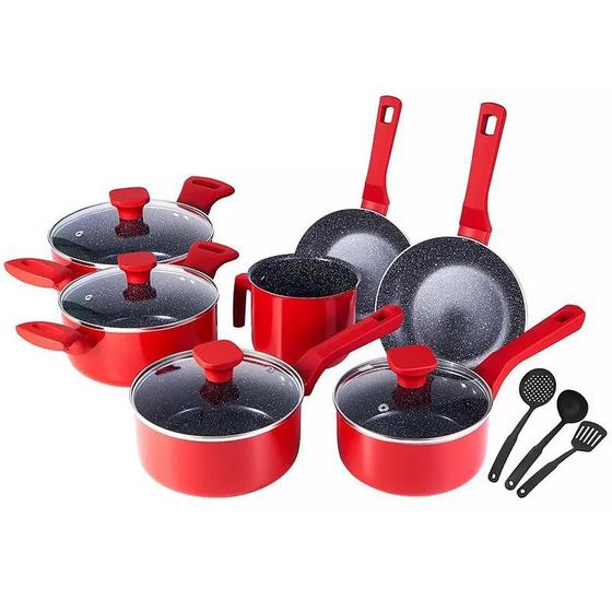 Imagem de Jogo De Panelas Ceramica 10 Peças Aluminio Fundo Triplo Fogão Indução Antiaderente Mimo Style Pratic Cook Red Com Panela Caçarola E Utensílios