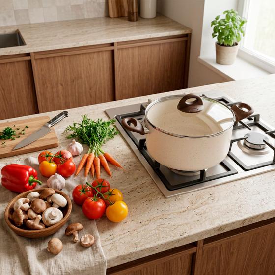 Jogo de Panelas Ceramik 8 Peças com Antiaderente Revestimento Cerâmico Nível A INMETRO PFOA Free com Bistequeira Grill e Fervedor - Moda Do Chef