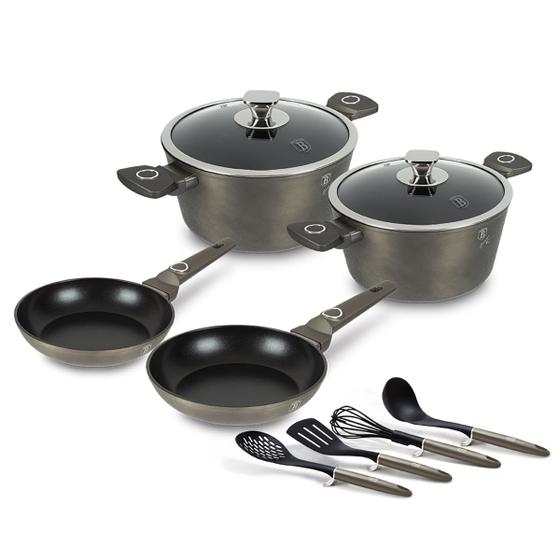 Imagem de Jogo de Panelas e Utensílios Cozinha 10 Pçs Caçarolas Frigideiras Antiaderente Indução Espátula Escumadeira Colher Fouet Berlinger Haus