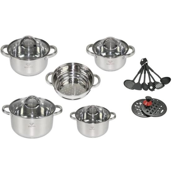 Jogo de Panelas Inox Genebra 19 Peças Lindas Menor preço em Jogo de Panelas Inox Genebra 19 Peças Lindas