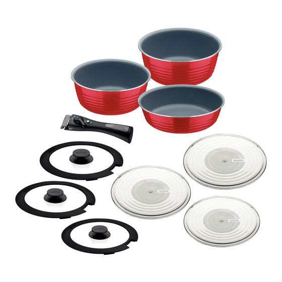 Jogo de panelas multiuso 10 pecas itria vermelho-sortidos de utensilios para uso domestico Menor preço em Jogo de panelas multiuso 10 pecas itria vermelho-sortidos de utensilios para uso domestico