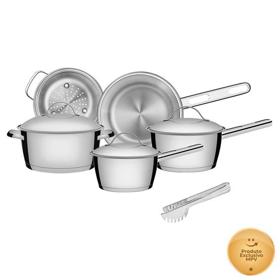 Jogo de Panelas Tramontina Aço Inox Allegra 5 Peças Fundo Triplo + Pegador de massa Menor preço em Jogo de Panelas Tramontina Aço Inox Allegra 5 Peças Fundo Triplo + Pegador de massa