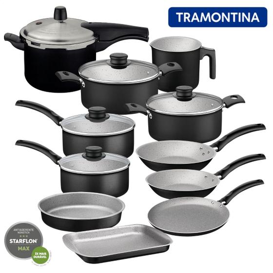 Jogo de Panelas Tramontina com Frigideiras Antiaderentes e Panela Pressão 4,5L Menor preço em Jogo de Panelas Tramontina com Frigideiras Antiaderentes e Panela Pressão 4,5L