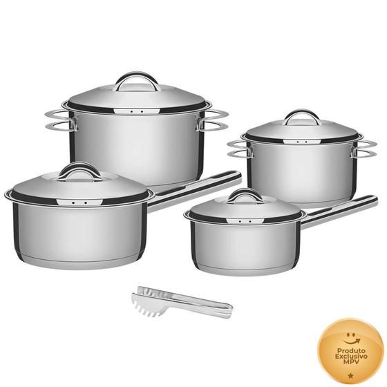 Jogo de Panelas Tramontina Solar Aço Inox Fundo Triplo Indução 4 peças + Pegador de massa Menor preço em Jogo de Panelas Tramontina Solar Aço Inox Fundo Triplo Indução 4 peças + Pegador de massa