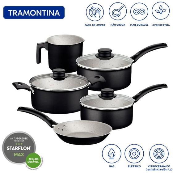 Jogo de Panelas Tramontina Turim Antiaderente Teflon Starflon 05 Peças Alumínio + Tampas de Vidro Temperado Bordas Inox Menor preço em Jogo de Panelas Tramontina Turim Antiaderente Teflon Starflon 05 Peças Alumínio + Tampas de Vidro Temperado Bordas Inox