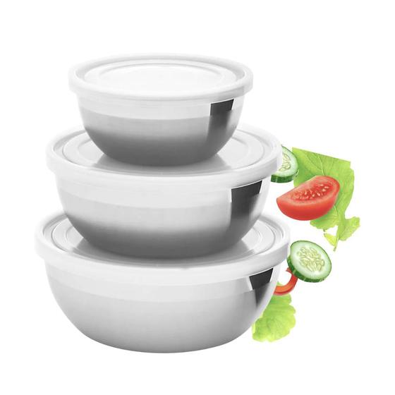 Jogo de Potes 3 Peças Conjunto Tigela Aço Inox C/ Tampa Bowls Vasilha Cozinha Menor preço em Jogo de Potes 3 Peças Conjunto Tigela Aço Inox C/ Tampa Bowls Vasilha Cozinha