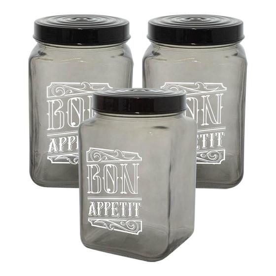 Imagem de Jogo de Potes de Vidro com Tampa Bon Appetit Preto 1,5L 3 peças - Casambiente