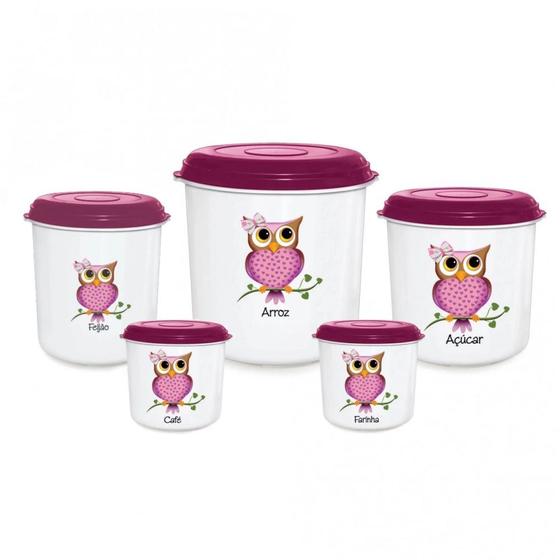 Jogo de Potes em Plastico para Mantimentos 5 Pecas Decoracao Coruja Branco com Vinho Injetemp Menor preço em Jogo de Potes em Plastico para Mantimentos 5 Pecas Decoracao Coruja Branco com Vinho Injetemp