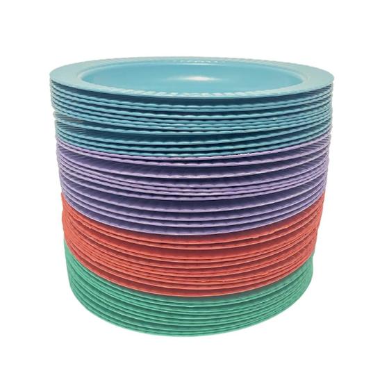 Imagem de Jogo de Pratos Coloridos Plásticos Redondo Lanchonete Porção Refeição Escolar Com 15 Peças