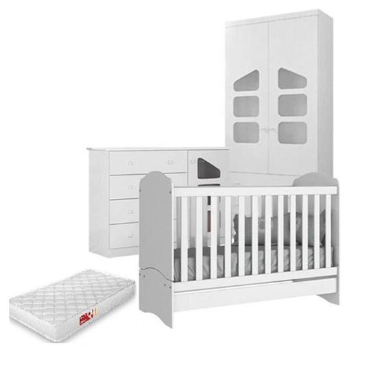 Imagem de Jogo de Quarto Algodão Doce MDF Roupeiro 2 Portas + Cômoda + Berço 2x1 Branco c/ Colchão - Bela Móveis