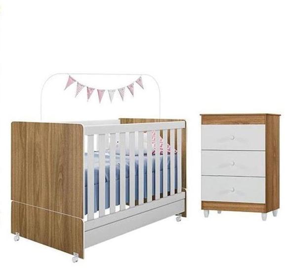 Imagem de Jogo de Quarto Bebe com Berço e Cômoda Nature Branco Diamante - Peternella