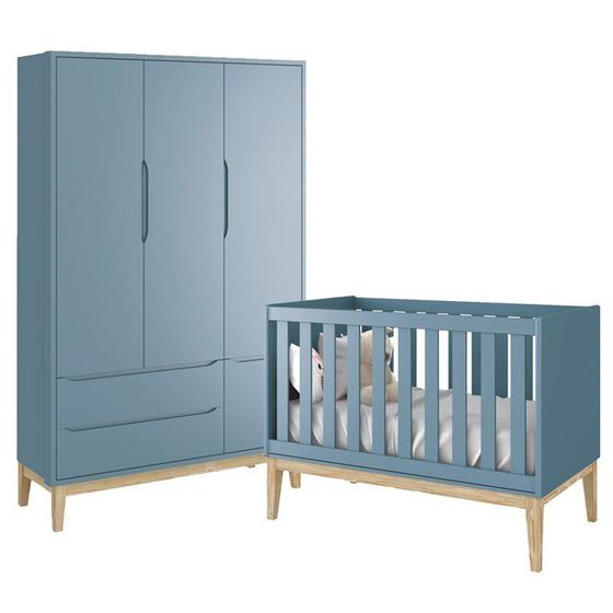 Imagem de Jogo de Quarto Classic Guarda Roupa 3 Portas e Berço Azul Fosco com Pés Madeira Natural - Reller Móveis