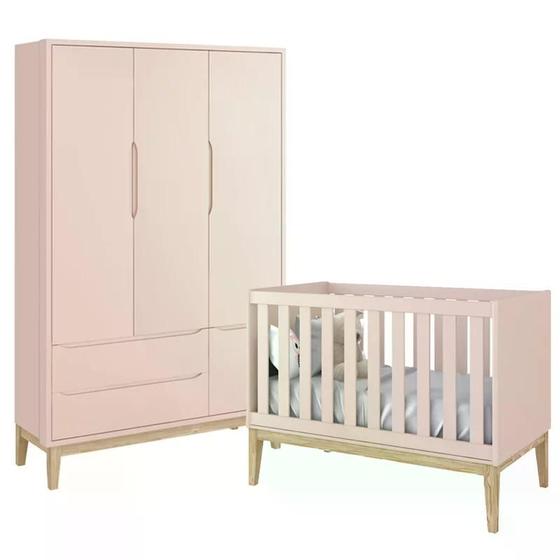 Imagem de Jogo de Quarto Classic Guarda Roupa 3 Portas e Berço Rosa Fosco com Pés Madeira Natural - Reller Móveis