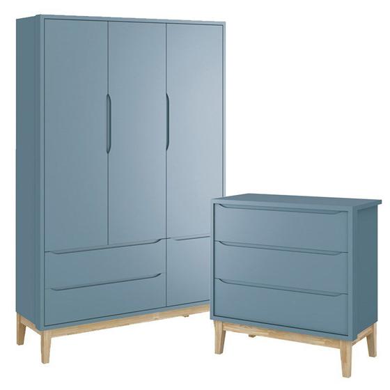 Imagem de Jogo de Quarto Classic Guarda Roupa 3 Portas e Cômoda 3 Gavetas Azul Fosco com Pés Madeira Natural - Reller Móveis