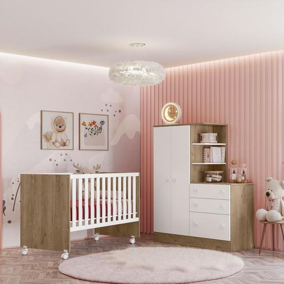 Imagem de Jogo De Quarto Completo Infantil Bebê Guarda Roupa Com Cômoda 2 Portas 3 Gavetas Berço 4 Rodízios 4070 / 3540 Doce Sonho