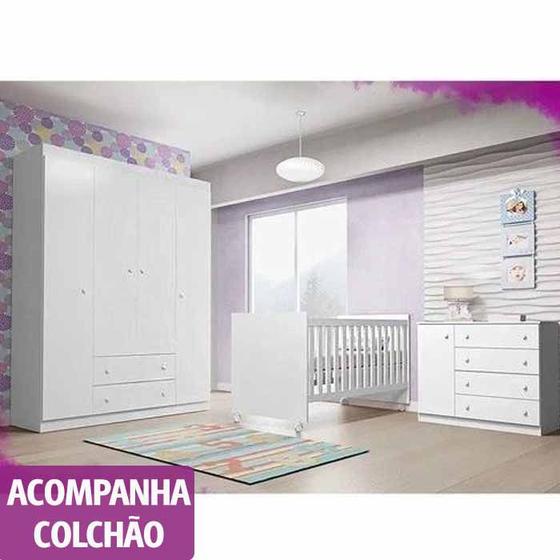 Jogo de Quarto Completo para Bebê Helena com Guarda-Roupa 4 Portas + Cômoda + Berço Doce Sonho e Colchão D18 - MH Design Menor preço em Jogo de Quarto Completo para Bebê Helena com Guarda-Roupa 4 Portas + Cômoda + Berço Doce Sonho e Colchão D18 - MH Design