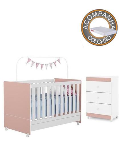 Imagem de Jogo de Quarto de Bebe Completo com Berço com Colchão e Cômoda Rose Branco - Peternella