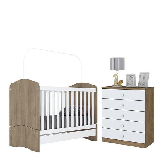 Imagem de Jogo de Quarto Infantil Bala de Menta com Cômoda e Berço Rústico/Branco - Móveis Henn
