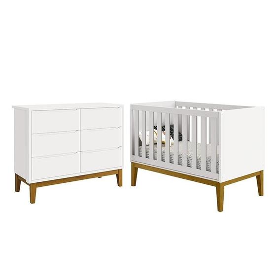 Imagem de Jogo de Quarto Infantil Classic Cômoda 6 Gavetas e Berço Branco Fosco com Pés Amadeirado - Reller Móveis