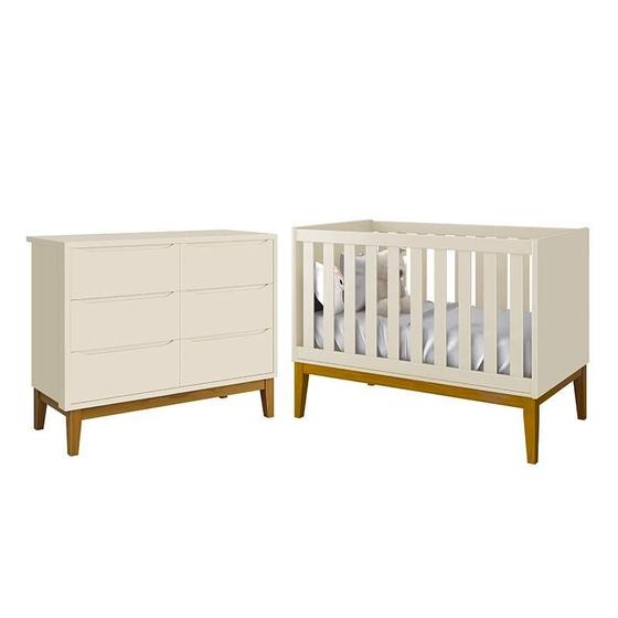 Imagem de Jogo de Quarto Infantil Classic Cômoda 6 Gavetas e Berço com Pés Amadeirado - Reller Móveis