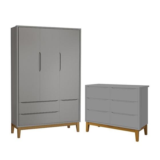 Jogo de Quarto Infantil Classic Guarda Roupa 3 Portas e Cômoda 6 Gavetas Cinza Fosco com Pés Amadeir - Reller Móveis Imagem de Jogo de Quarto Infantil Classic Guarda Roupa 3 Portas e Cômoda 6 Gavetas Cinza Fosco com Pés Amadeir