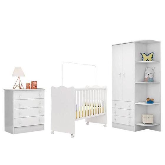 Imagem de Jogo De Quarto Infantil com Berço Simples, Cômoda e Armário- Branco/Branco - Certificado Inmetro