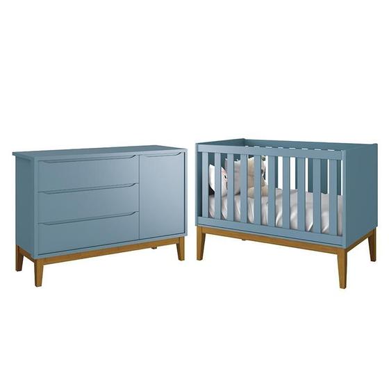Imagem de Jogo de Quarto Infantil Cômoda 1 Porta e Berço Classic Azul Fosco com Pés Amadeirado - Reller Móveis