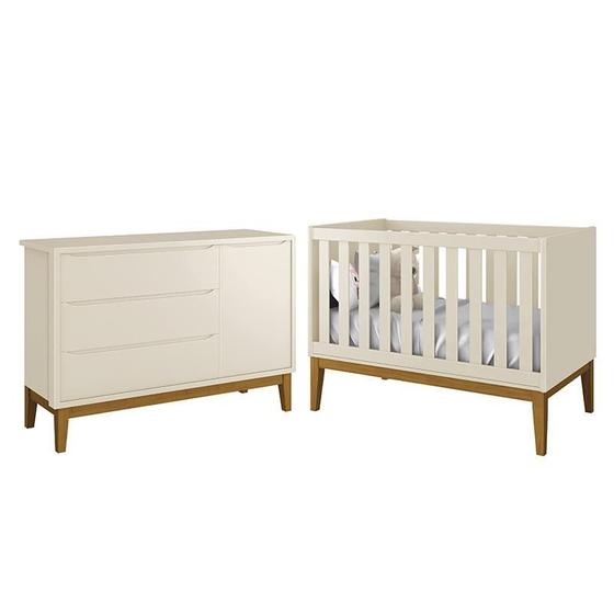 Imagem de Jogo de Quarto Infantil Cômoda 1 Porta e Berço Classic com Pés Amadeirado - Reller Móveis