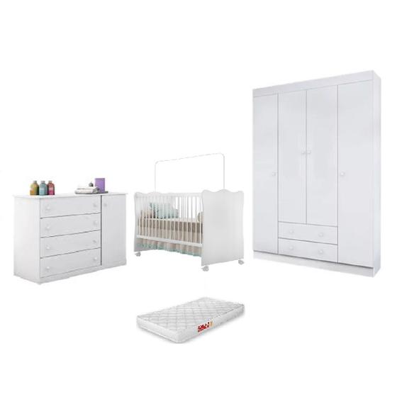 Imagem de Jogo de Quarto Infantil de Bebê Completo Helena Roupeiro + Cômoda + Berço Doce Sonho C/ Colchão - Phoenix Baby