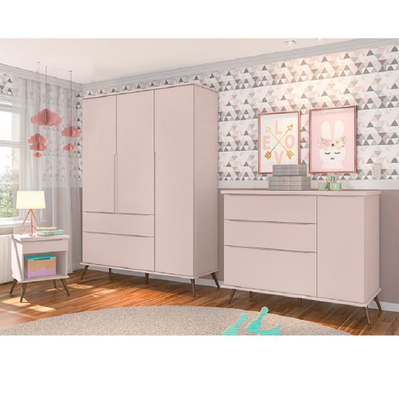 Imagem de Jogo de Quarto Infantil de Bebê Melinda Rosê 100% MDF Guarda Roupa + Cômoda + Mesa de Apoio - Phoenix Baby