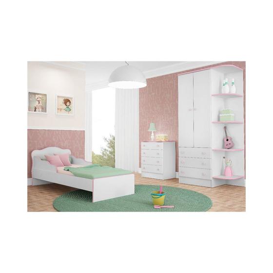 Jogo de Quarto Infantil Doce Sonho com Mini Cama Branco com Rosa - Qmovi Menor preço em Jogo de Quarto Infantil Doce Sonho com Mini Cama Branco com Rosa - Qmovi